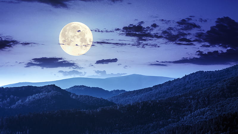 Mountain Landscape Under Dark Sky With Full Moon During Nighttime Nature, HD wallpaper