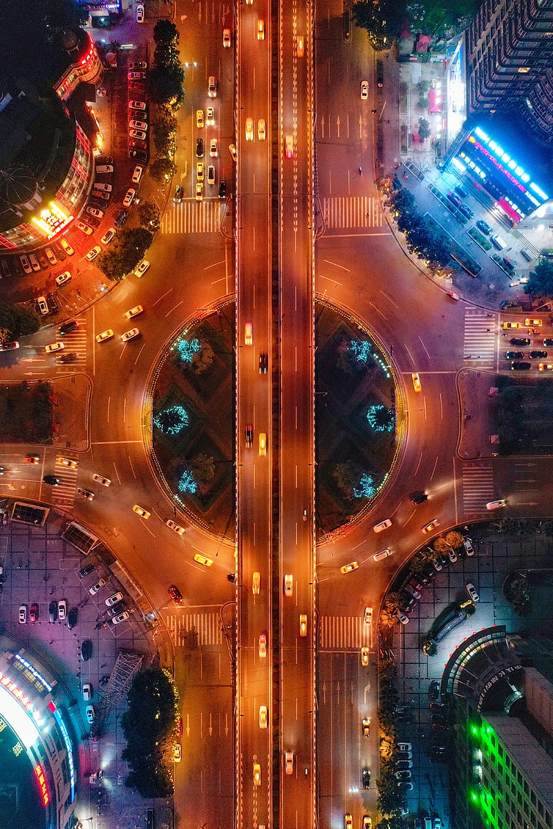 road, aerial view, carros, neon, HD phone wallpaper