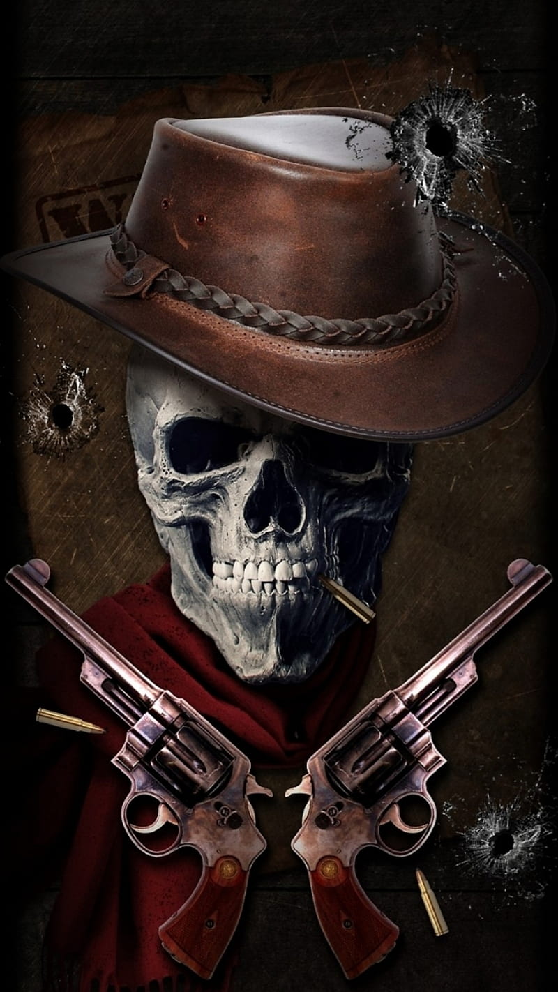cowboy skull, cowboy, skull, cool, weapon, new, unique, western, HD phone wallpaper