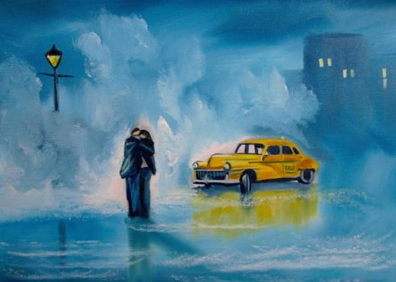 Yellow taxi, yellow, art, paintings, blue, HD wallpaper