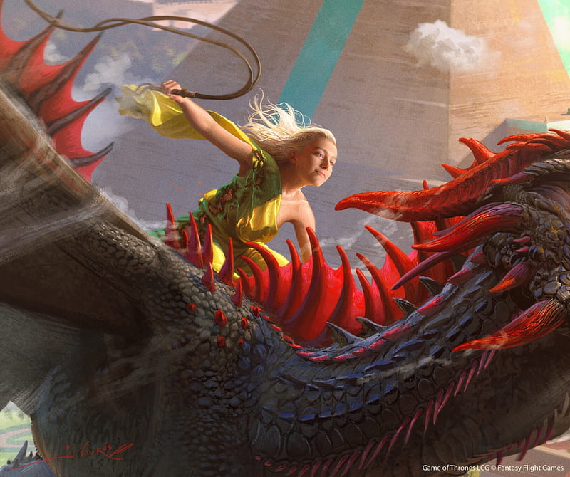 Daenerys, fantasy, luminos, girl, drogon, dragon, joshua cairos, red, art, game of thrones, daenerys targaryen, HD wallpaper