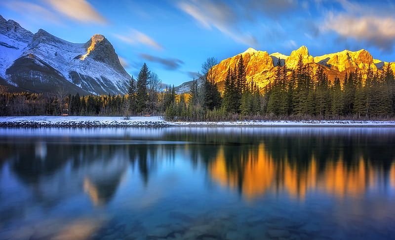 canada, mountain, lake, reflection, trees, clouds, scenic, relaxing, Landscape, HD wallpaper