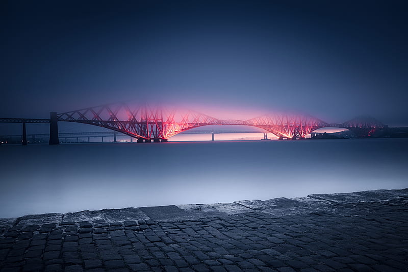 scotland, forth bridge, modern architecture, night, fog, City, HD wallpaper
