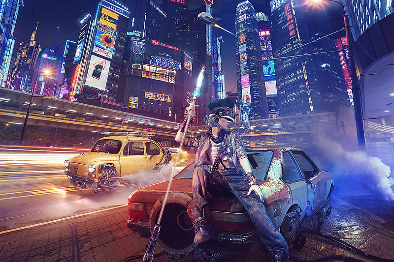 Warrior Girl in Cyberpunk City, HD wallpaper