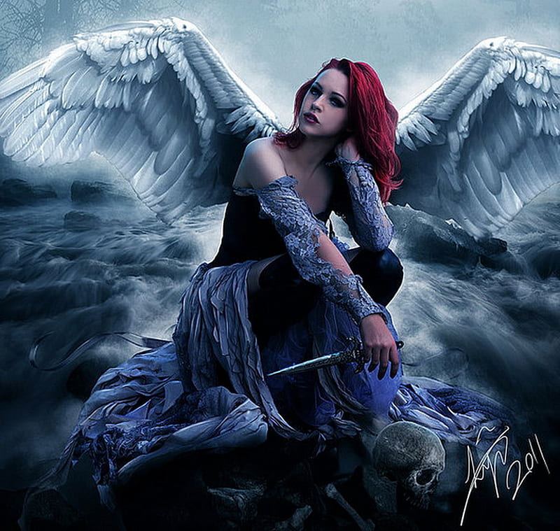 Im not Angel, dark angel, fantasy, girl, ocean, beauty, skull, HD wallpaper
