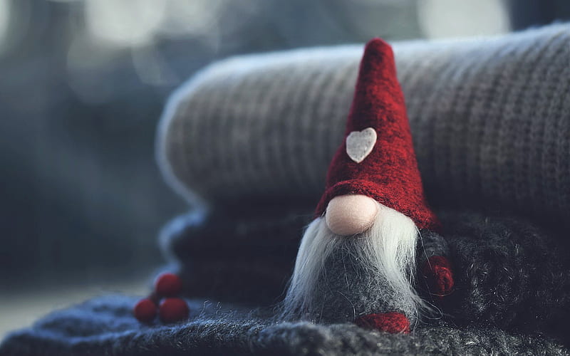 elf in a red hat, winter, elf toy, plush toys, mood, evening, gray scarf, HD wallpaper