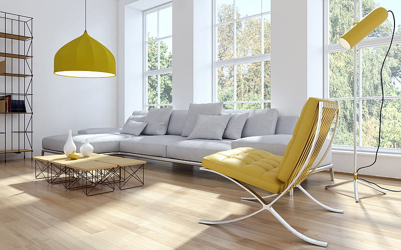 stylish living room interior design, living room project, modern style, large gray sofa, yellow leather armchair, stylish furniture, modern interior design, living room, HD wallpaper