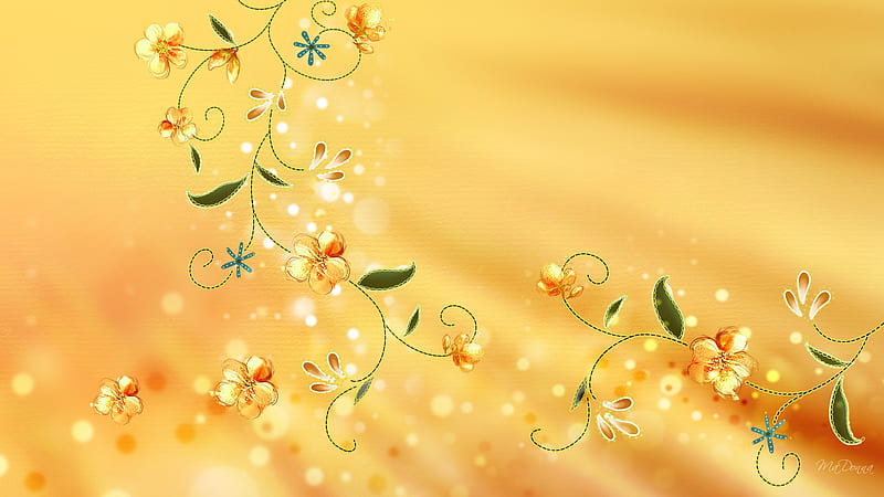 Summer Gold, sprinkles, autumn, glow, orange, yellow, firefox persona, spring, gold, summer, bubbles, blossoms, flowers, vines, HD wallpaper