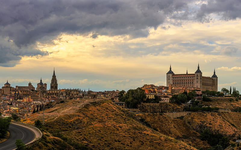 Toledo, autumn, Alcazar of Toledo, cityscape, evening, sunset, Spain, HD wallpaper