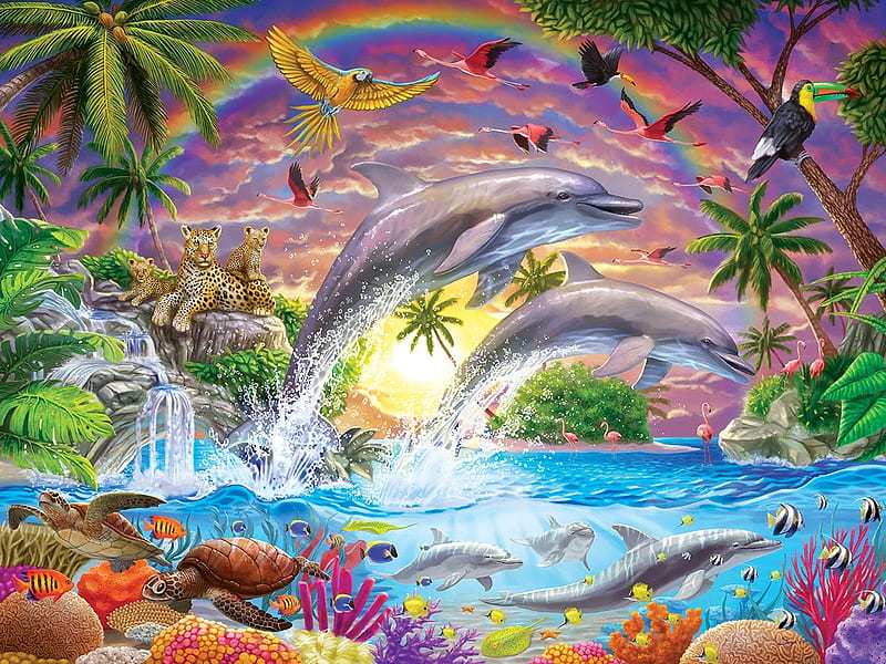 Fantasy Island, puzzle, island, fantasy, dolphins, HD wallpaper