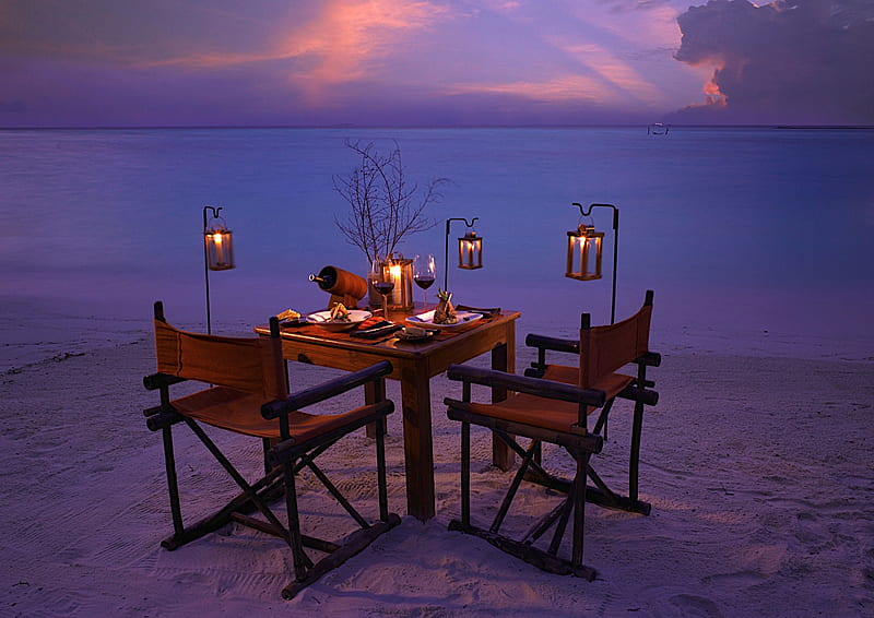Romantic dinner, dinner, pretty, sunset, clouds, beach, nice, calm, love, beauty, luxury, cups, harmony, lovely, lanterns, romance, food, ocean, sky, water, cool, bonito, sea, graphy, sand, tropic, night, horizon, exotic, view, drinks, wine, place, elegantly, peaceful, nature, HD wallpaper