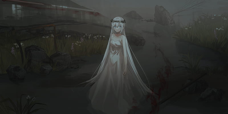 pretty anime girl, white dress, darkness, long white hair, Anime, HD wallpaper