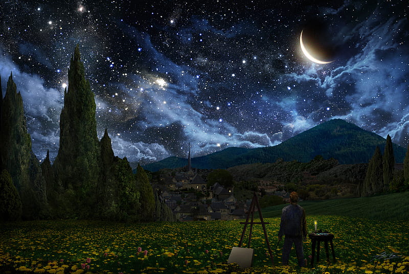 Starry sky, mystical, stars, artist, night sky, bonito, trees, sky, moon,  starlight, HD wallpaper | Peakpx