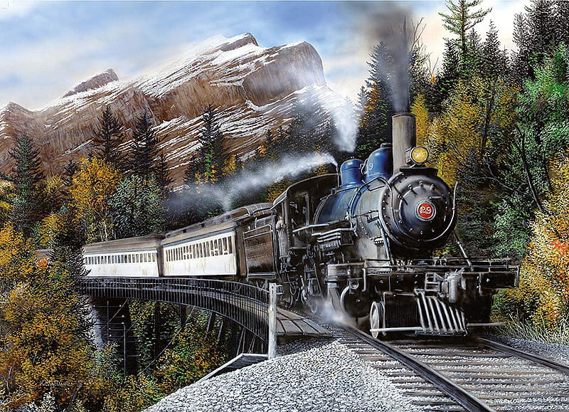 Express Train, locomotive, bridge, mountains, steam, railways, trees, artwork, wagons, painting, HD wallpaper