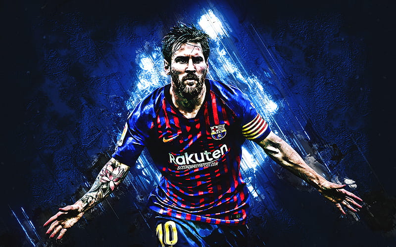 Messi, blue stone, FCB, Barcelona FC, goal, argentinian footballers, La Liga, Lionel Messi, Leo Messi, grunge, LaLiga, Barca, soccer, football stars, Spain, HD wallpaper