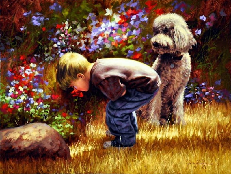 Keeping a Watchful Eye, boy, painting, flowers, garden, artwork, dog, HD wallpaper