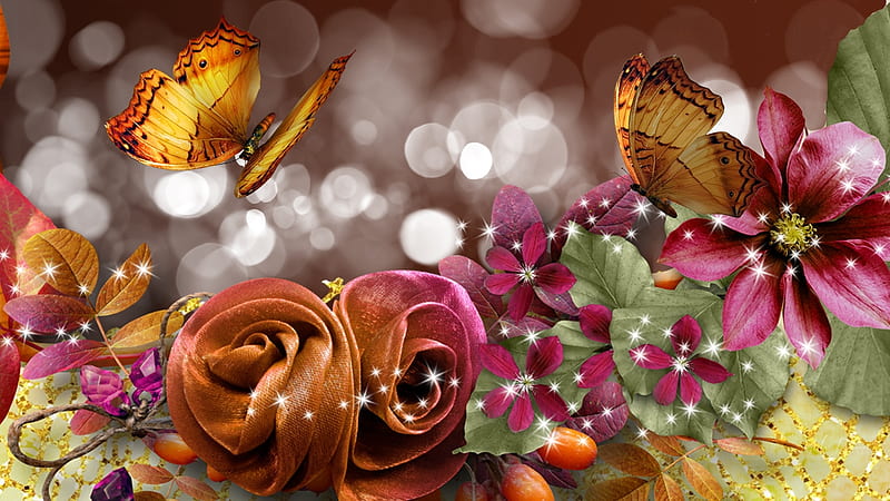 Beginning of Fall Floral, stars, fall, autumn, shine, butterflies, nuts, bokeh, flowers, Firefox Persona theme, HD wallpaper