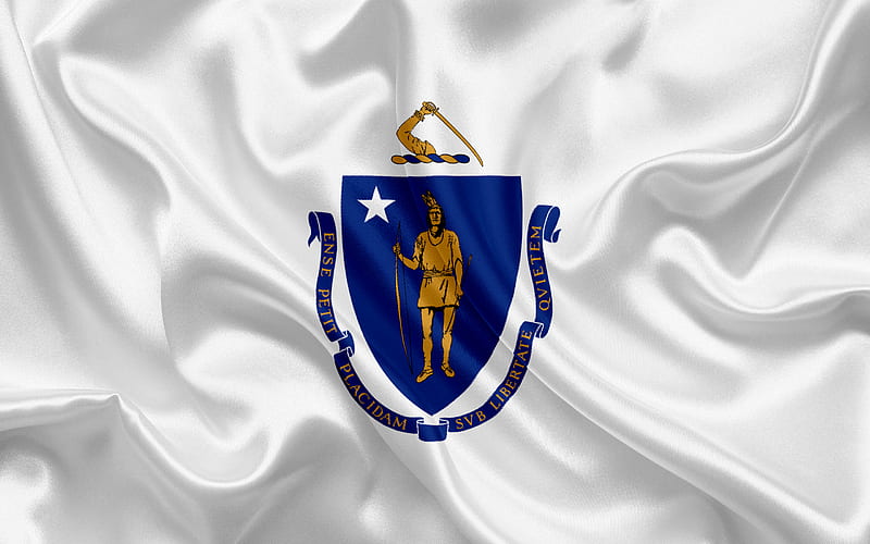 Massachusetts flag, Commonwealth of Massachusetts, flags of States, USA, white silk, Massachusetts coat of arms, HD wallpaper