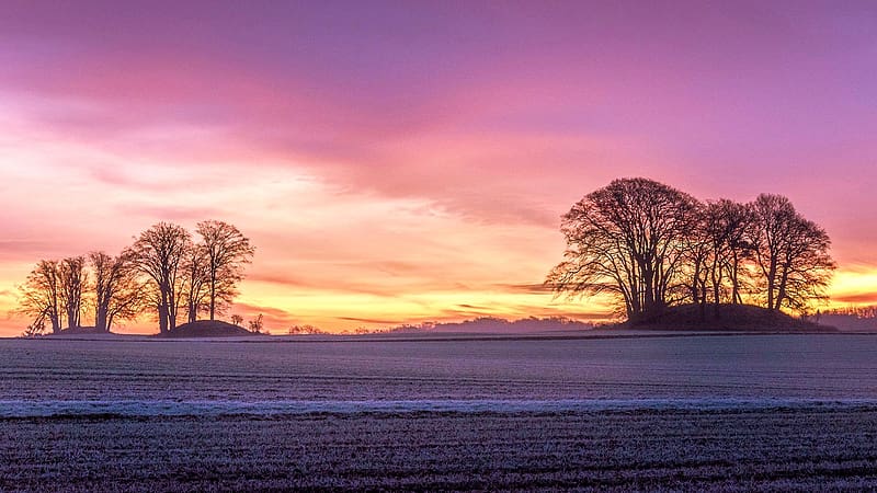 Sunrise in northern Germany, sky, snow, colors, landscape, trees, clouds, HD wallpaper