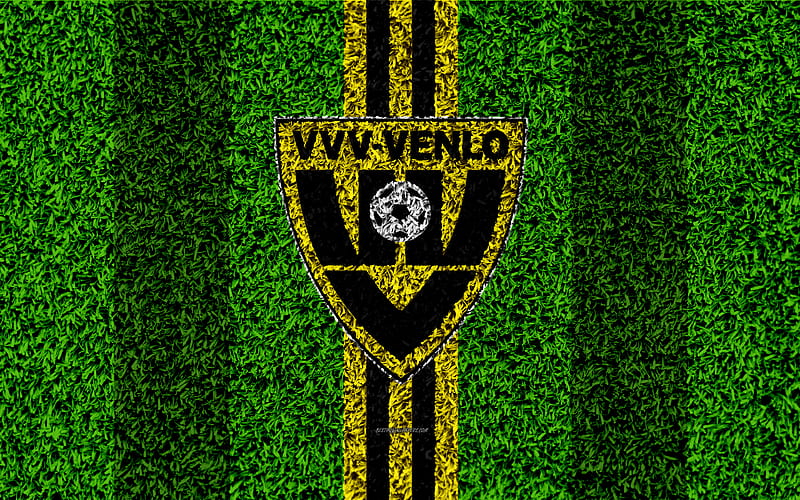VVV-Venlo FC emblem, football lawn, Dutch football club, logo, grass texture, Eredivisie, yellow black lines, Venlo, Netherlands, football, HD wallpaper
