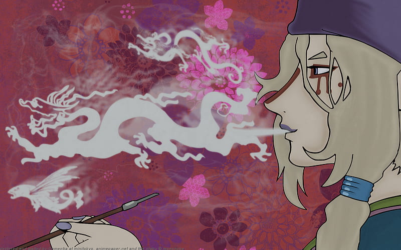 Mononoke, facial mark, smoking, kusuriuri, flower, smoke, ayakashi, HD wallpaper