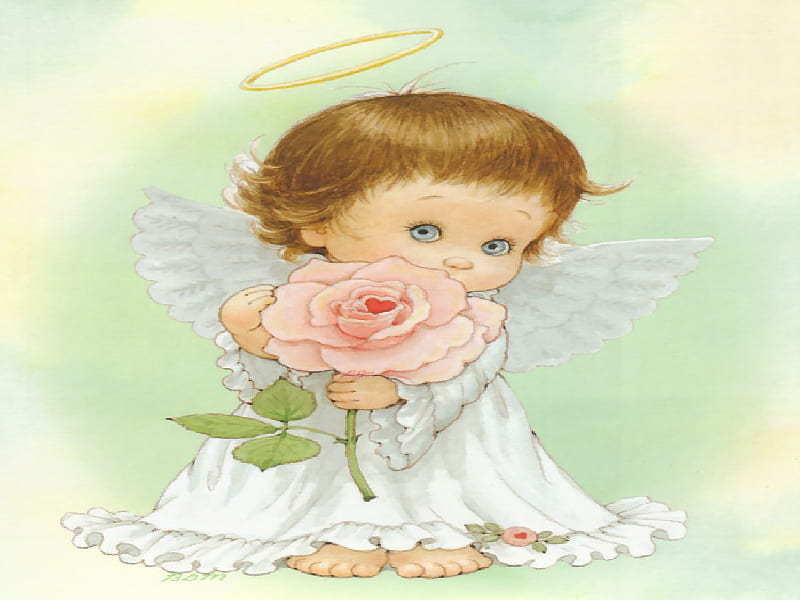 Angel with rose, cute, fantasy, ruth morehead, angel, HD wallpaper