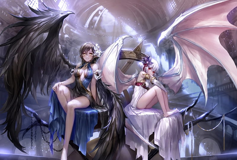 Angel & Succubus, pretty, dress, bonito, woman, anime, beauty, anime girl, feathers, light, art, female, wings, lovely, angel, black, demon, girl, dark, lady, white, HD wallpaper