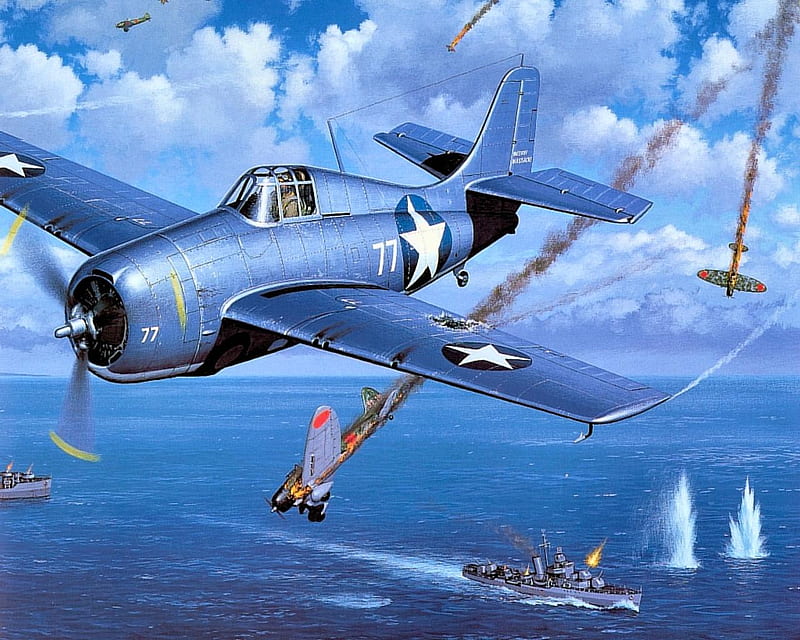 Victory in the Pacific, art, ww2, pacific, grumman, wildcat, airplane, boat, plane, ship, f4f, wwii, drawing, painting, HD wallpaper