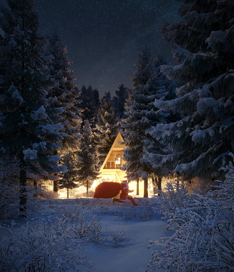 santa claus, new year, christmas, house, forest, snow, HD phone wallpaper