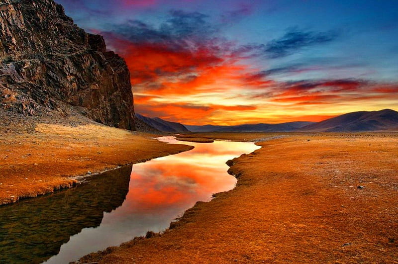 The Gobi desert, Asia, rocks, colorful, bonito, sunset, clouds, mountain, nice, river, amazing, desert, lovely, sky, summer, nature, Gobi, landscape, sands, HD wallpaper