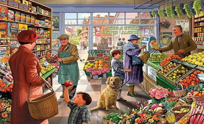 General Store, Dog, Vegetables, Store, Painting, Food, People, HD wallpaper