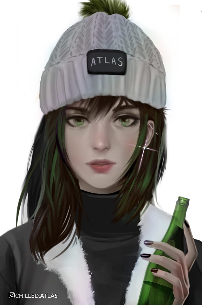 anime girls, simple background, original characters, drawing, concept art, green eyes, dark hair, hat, bottles, HD phone wallpaper