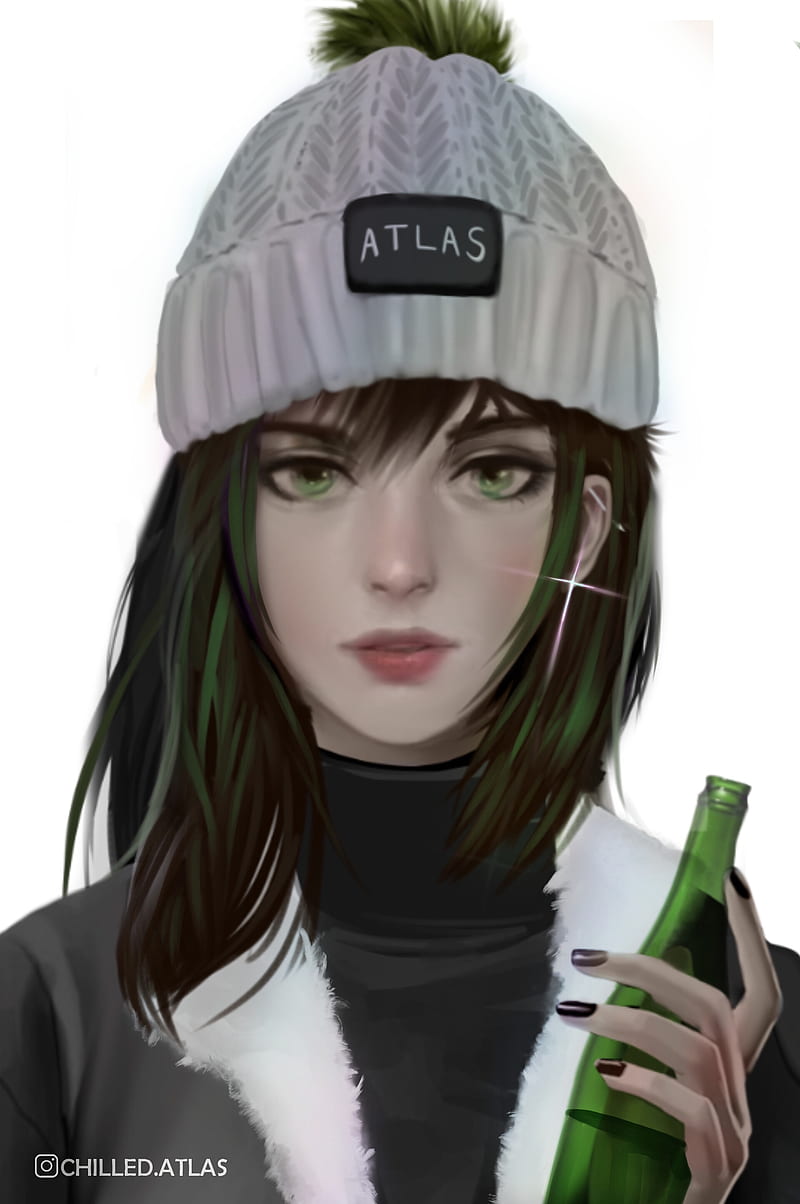 black hair green eyes girl drawing