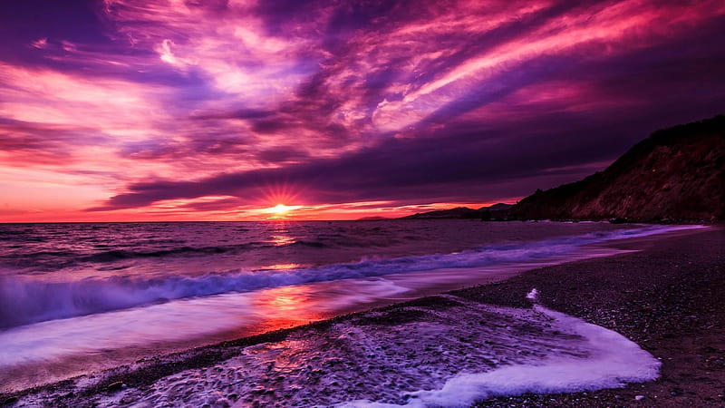 Purple Clouds at Sunset, beach, nature, sunset, sky, clouds, HD wallpaper