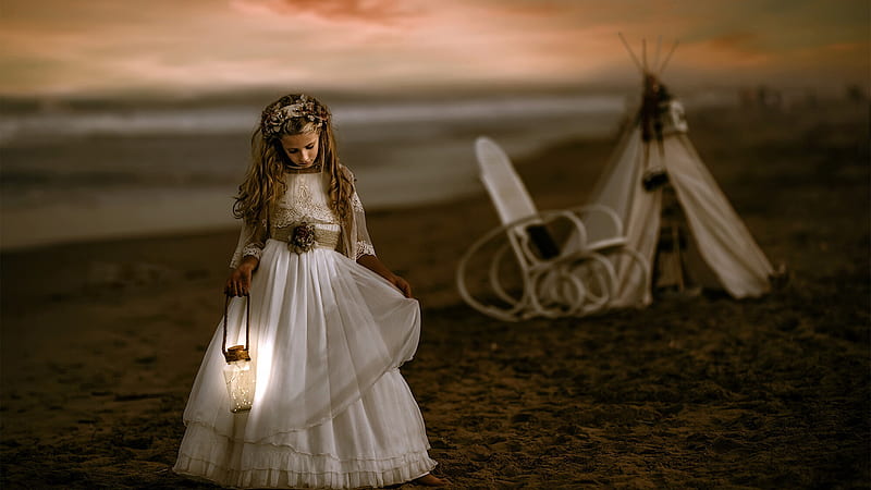 Cute Girl Is Walking On Beach Sand With Lantern Lamp Wearing White Dress Cute, HD wallpaper