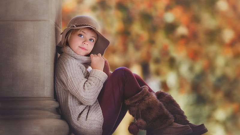Grey Eyes Cute Little Girl Is Wearing Woolen Knitted Top And Cap In Blur Colorful Leaves Background Cute, HD wallpaper