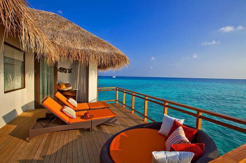 Maldives, beach chairs, water, summer, sofa, sea, Cottage, HD wallpaper