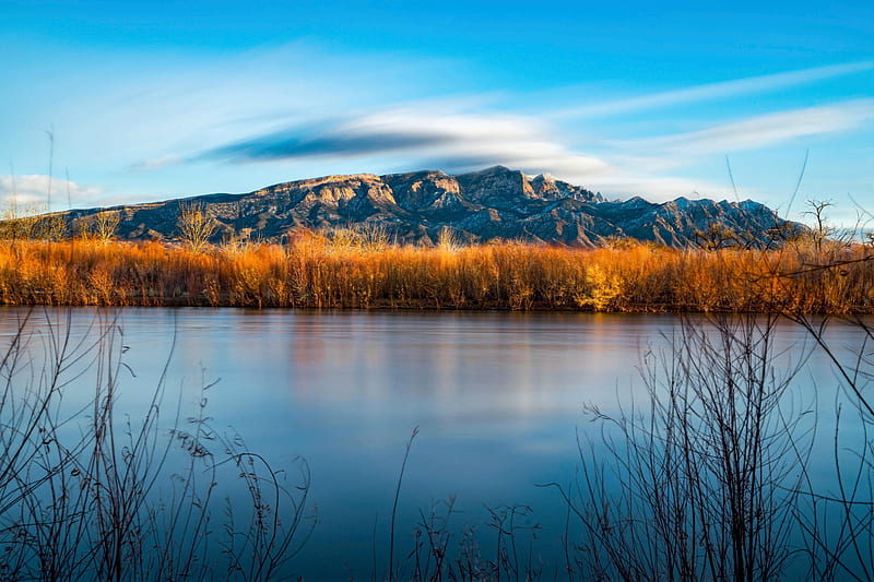 Sandia Mountains outside of Albuquerque NM, autumn, river, fall, colors, clouds, sky, HD wallpaper