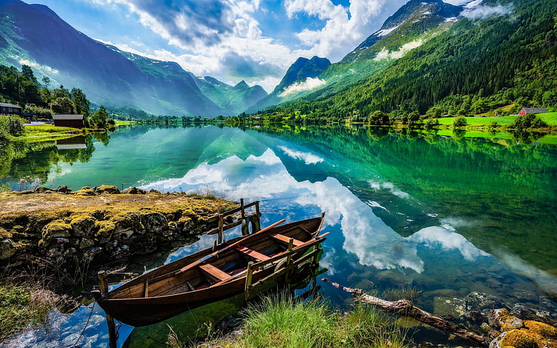 mountain lake, r, glacial lake, spring, mountain landscape, wooden boat on the lake, Norway, HD wallpaper