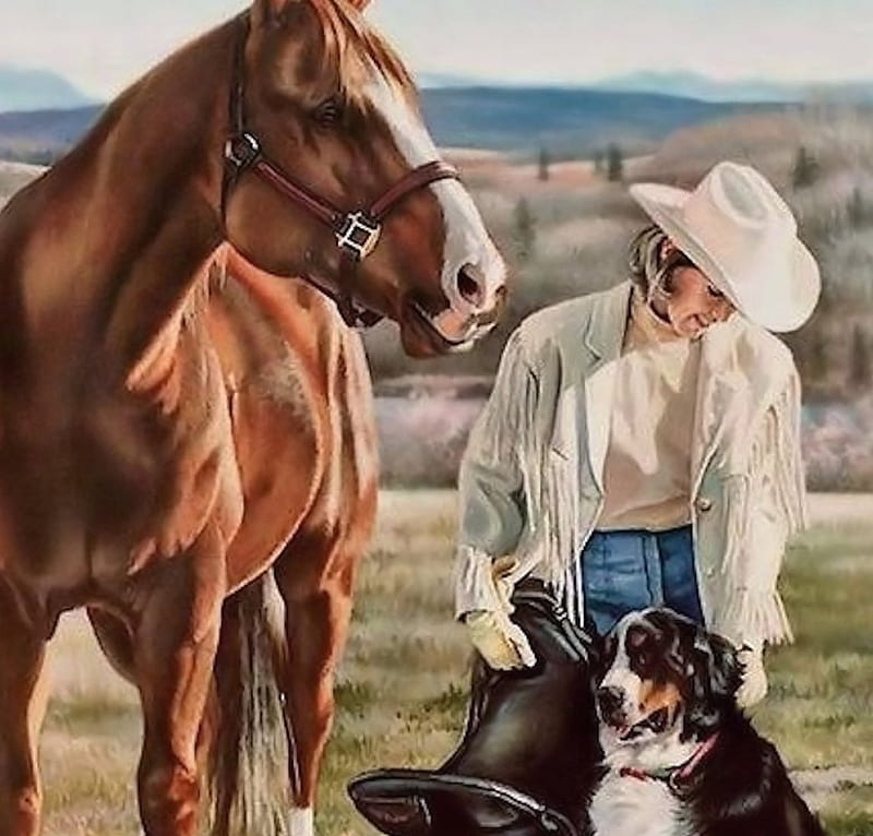 Vaquera, arte, caballo, perro, Fondo de pantalla HD | Peakpx