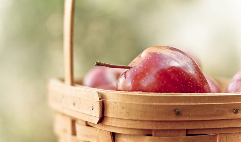 Apple Basket, apple, red, autumn, crunchy, winter, fruit, green, Vitamin C, basket, healthy, beige, stem, wood, HD wallpaper