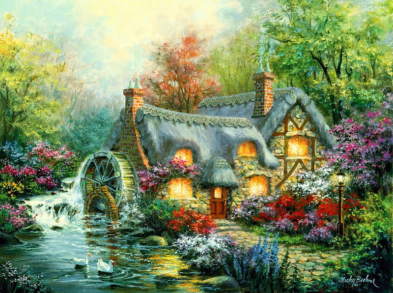 Forest water mill, stream, pretty, colorful, house, flow, cottage, bonito, nice, painting, flowers, river, art, quiet, calmness, lovely, place, spring, creek, trees, serenity, paradise, peaceful, summer, nature, HD wallpaper