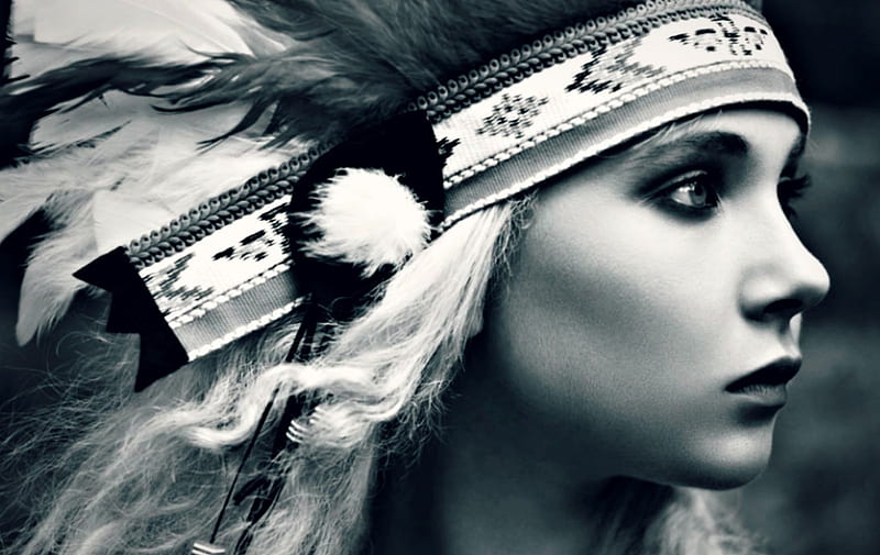 Juno Temple, model, black, woman, girl, feather, beauty, native, face, white, HD wallpaper