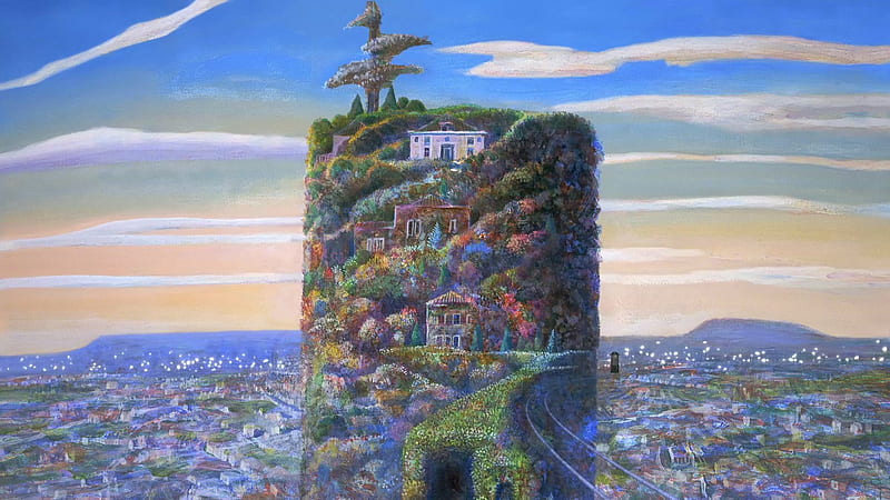 Tower, art, fantasy, naohisa inoue, luminos, green, blue, HD wallpaper