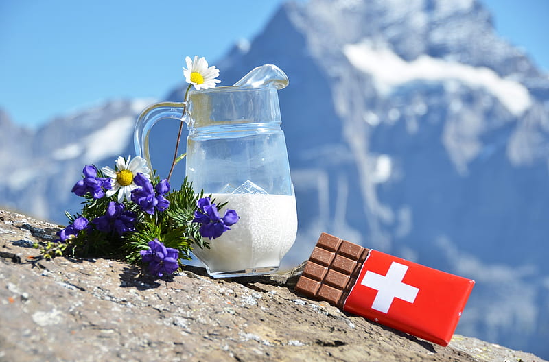 swiss chocolate, mountain, chocolate, flower, jug, milk, HD wallpaper