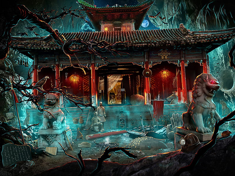 Mongolian temple, world, fantasy, orange, temple, asian, mongolian, simeon genew, blue, luminos, HD wallpaper