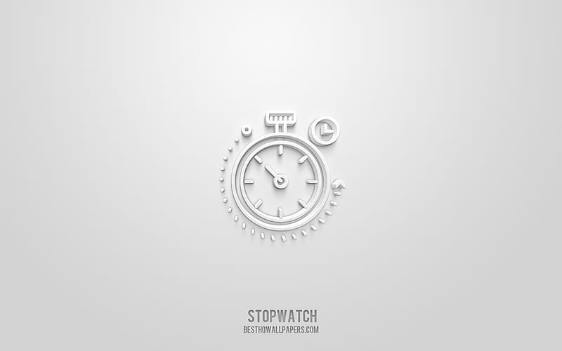 Stopwatch 3d icon, white background, 3d symbols, Stopwatch, Clock icons, 3d icons, Stopwatch sign, Time 3d icons, HD wallpaper