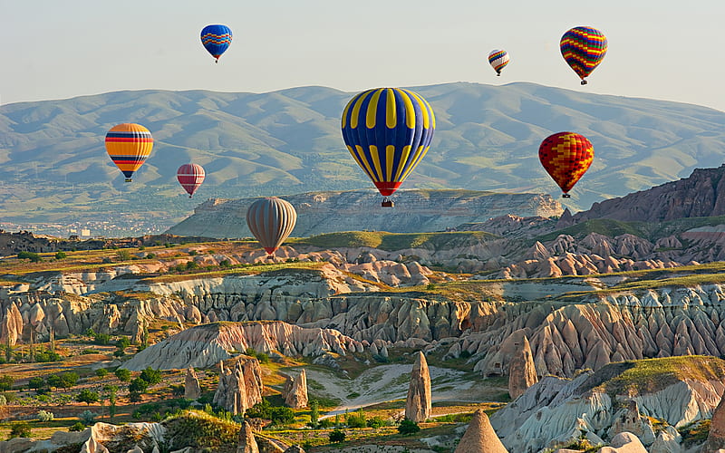 Turkey, hills, balloons, valley, HD wallpaper