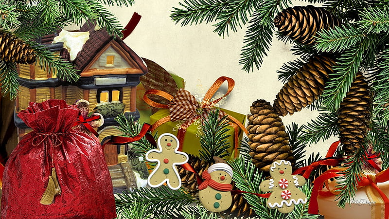 Holiday Oh Holiday, winter, gifts, Firefox theme, Christmas, gingerbread men, holiday, Feliz Navidad, cones, cookies, tree, bags, presents, fir, Xmas, HD wallpaper