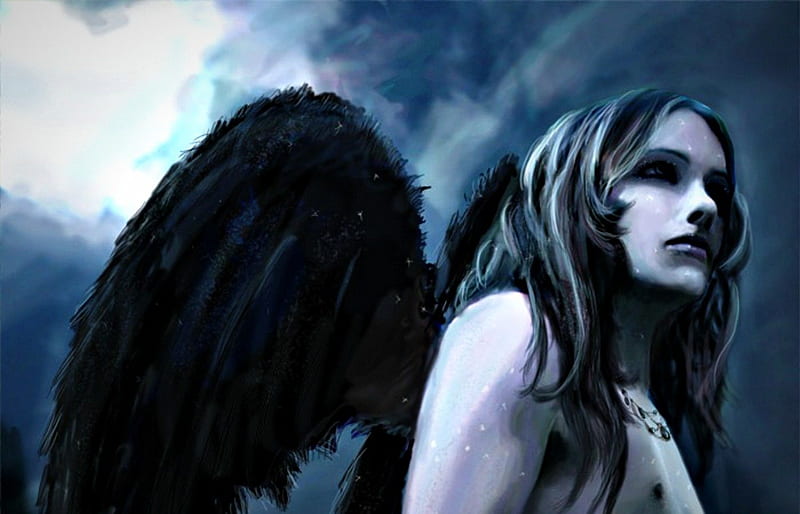 Angel, wings, guy, black, man, boy, fantasy, feather, blue, HD ...